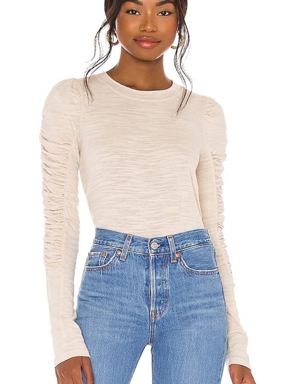 We The Free Ruched-Sleeve Long Sleeve Crewneck Top in Cream